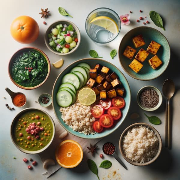 Flat-lay of an Indian balanced meal and lemon water supporting skin hydration and radiance