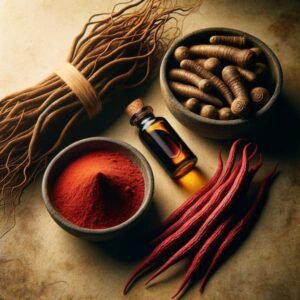 Manjistha root and powder with kumkumadi oil for Ayurvedic skincare