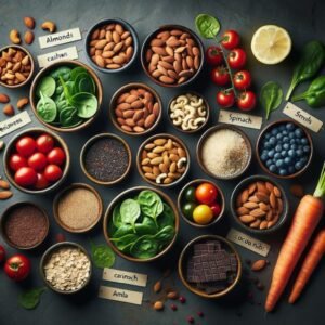 Flat-lay of Indian melanin rich foods including nuts, seeds, spinach, amla, and cocoa