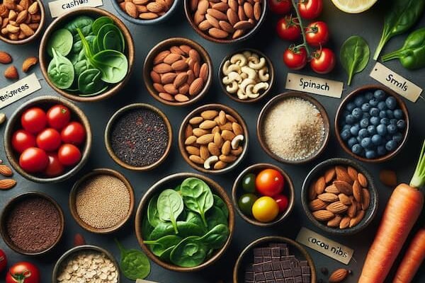 Melanin Rich Foods: Powerful Skin & Hair Nourishers Flat-lay of Indian melanin rich foods including nuts, seeds, spinach, amla, and cocoa