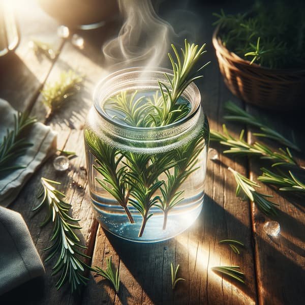 Fresh rosemary sprigs steeping in hot water to make rosemary water for hair