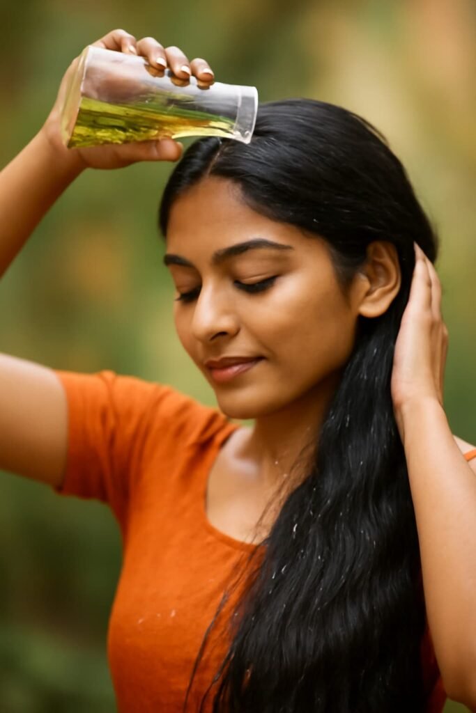 person pouring rosemary water for hair growth over scalp after shampoo