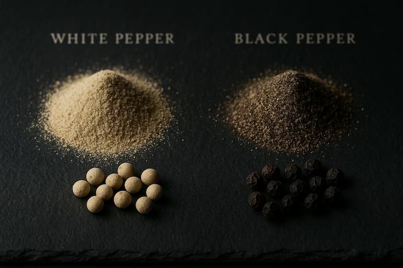 Side-by-side mounds of white and black pepper powders with matching peppercorns on a slate board for visual comparison