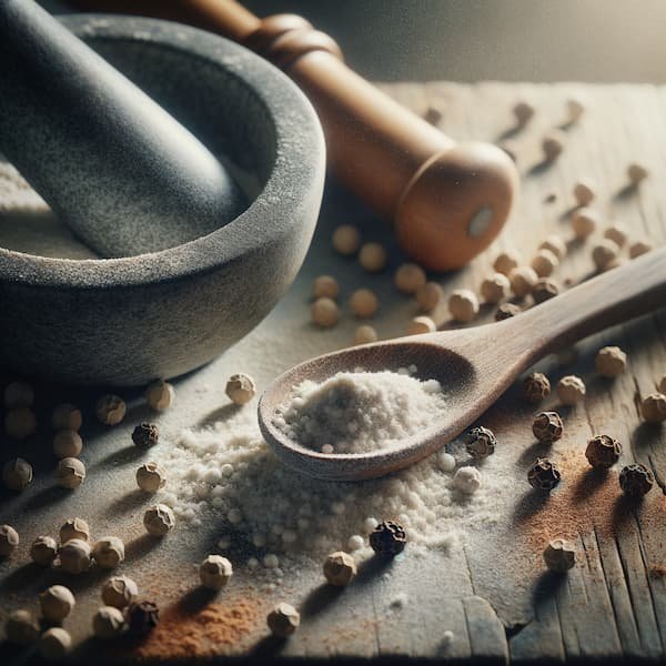 Wooden spoon heaped with white pepper powder beside whole white peppercorns and a mortar and pestle in rustic kitchen light