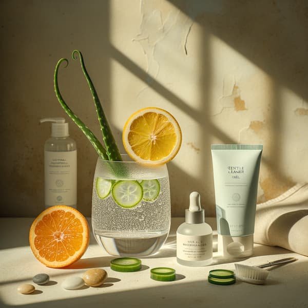 Flat-lay of simple organic-first skincare essentials and water for glow