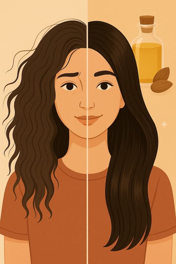 Split-screen image showing dull frizzy hair before and shiny smooth hair after almond oil use.