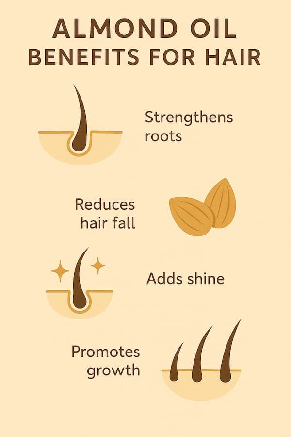 Infographic showing almond oil benefits for hair including strength, shine, and growth.