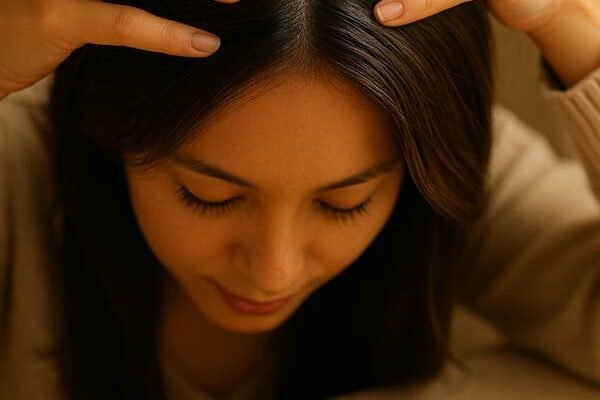 Hands massaging almond oil into scalp with bowl of almonds nearby.