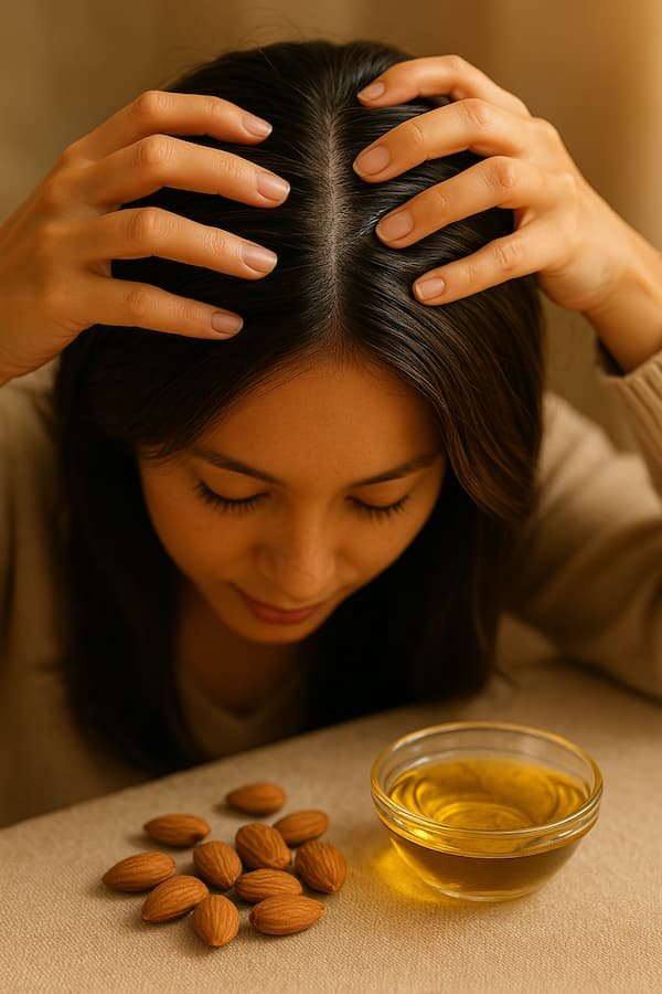Hands massaging almond oil into scalp with bowl of almonds nearby.