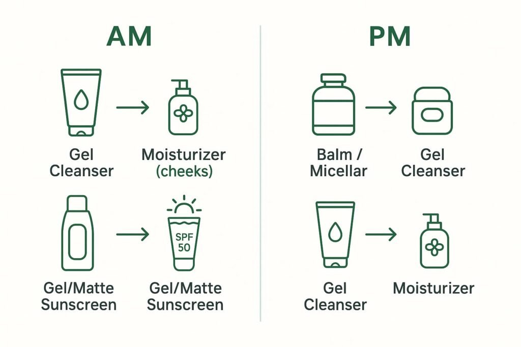 Infographic of AM/PM cleansing and sunscreen routine for combination skin