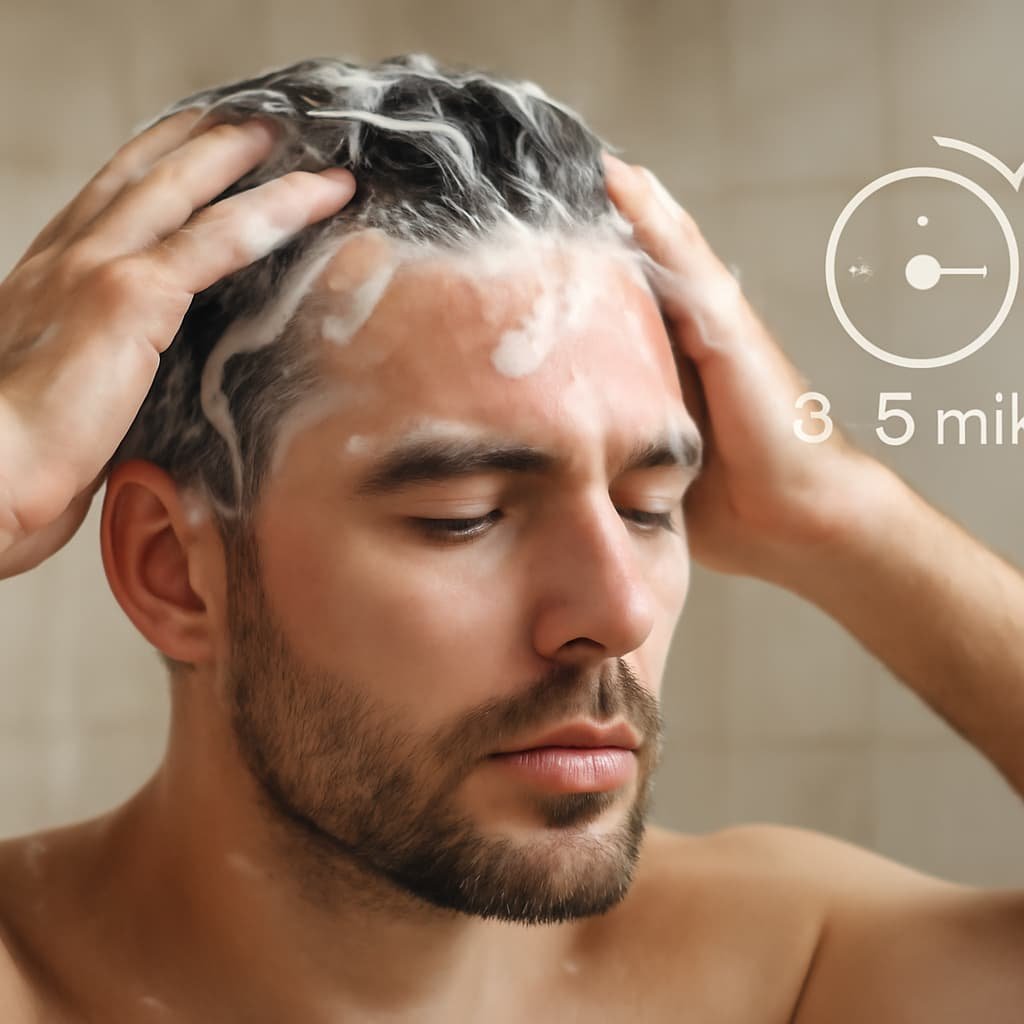 Man massaging anti dandruff shampoo for men into scalp for 3–5 minutes