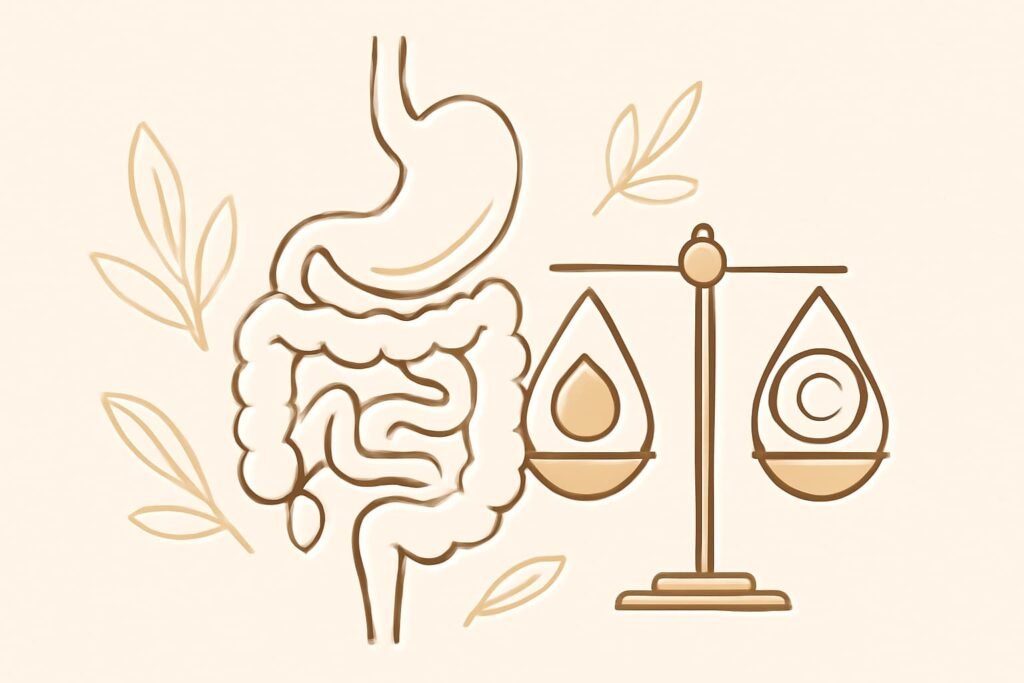 Digestive system and balance icons representing metabolism and lipids