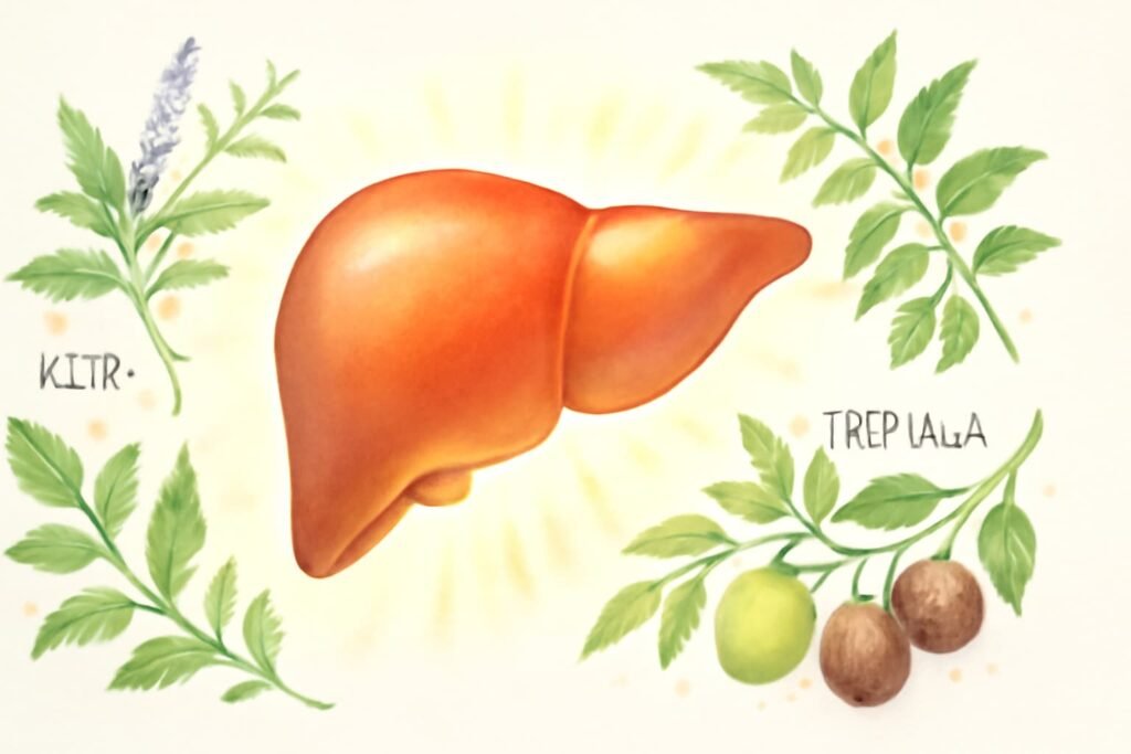 Healthy liver with Ayurvedic herb motifs symbolizing Arogyavardhini Vati benefits