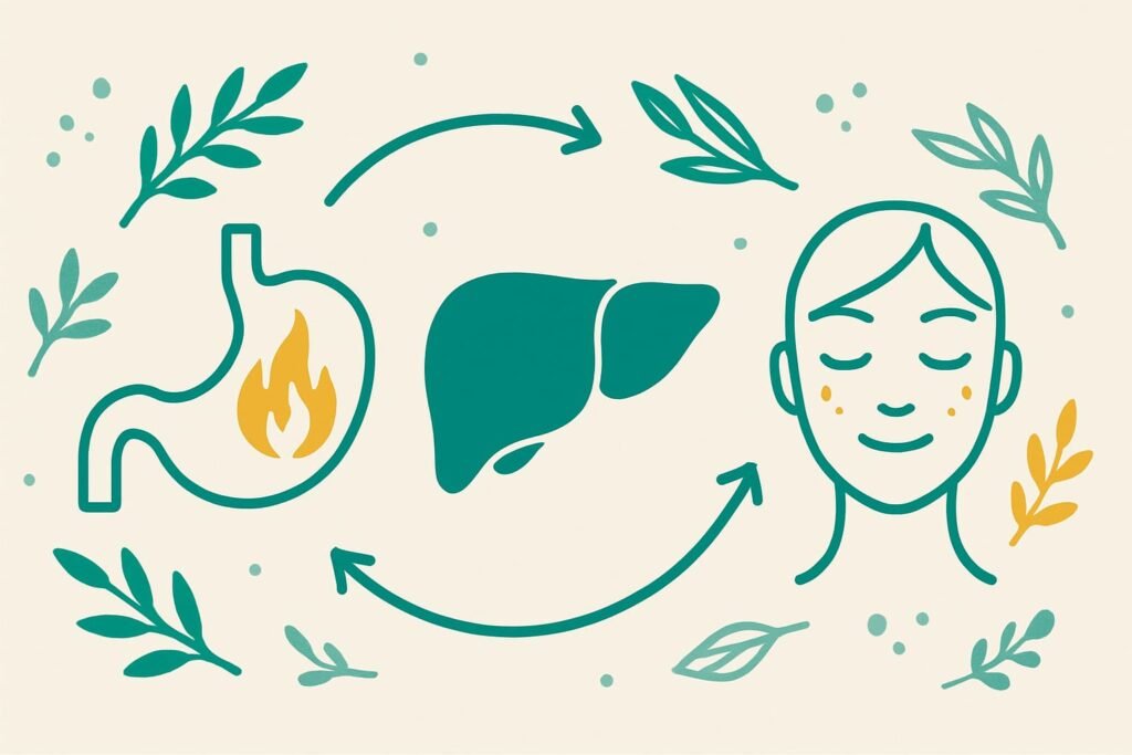Concept diagram of how Arogyavardhini Vati supports liver, digestion, and skin