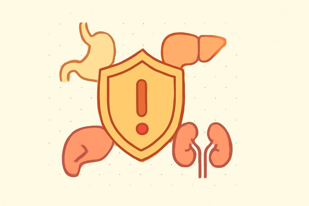 Safety infographic with stomach, liver, and kidney icons for Arogyavardhini Vati