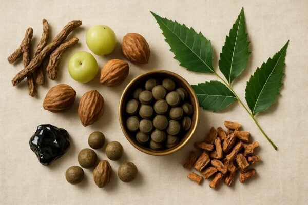 Flat lay showing Arogyavardhini Vati uses with key Ayurvedic herbs