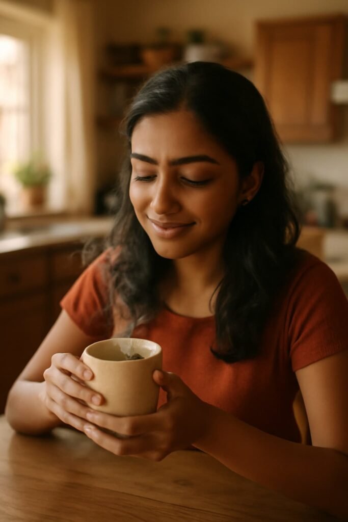 Person sipping warm water mixture of Avipattikar Churna after a meal as part of a gentle digestive routine