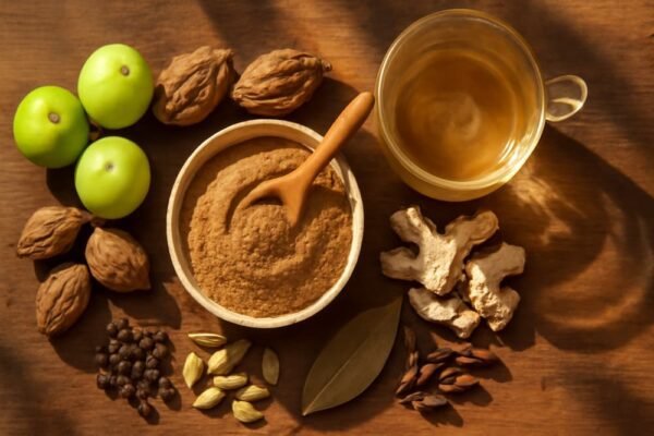 Bowl of Avipattikar churna with Ayurvedic herbs and warm water on a wooden background