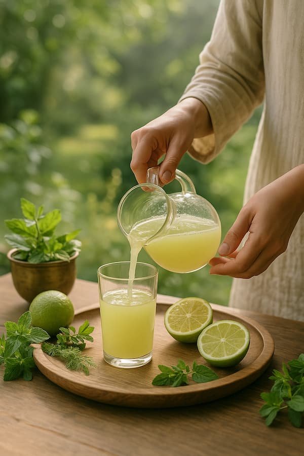Person pouring fresh sweet lime juice into a glass on a wooden tray with herbs and sliced limes in a natural garden setting.