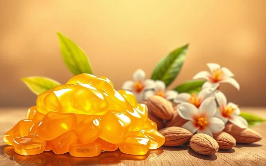 Badam Pisin benefits – almond gum with amber pieces and almonds on table for natural cooling and digestion