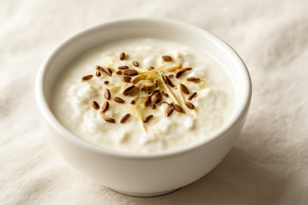 Banana stem raita garnished with cumin and ginger in a white bowl