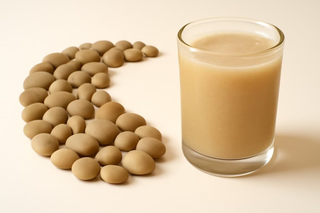 Glass of banana stem juice next to a kidney‑shaped layout of stones