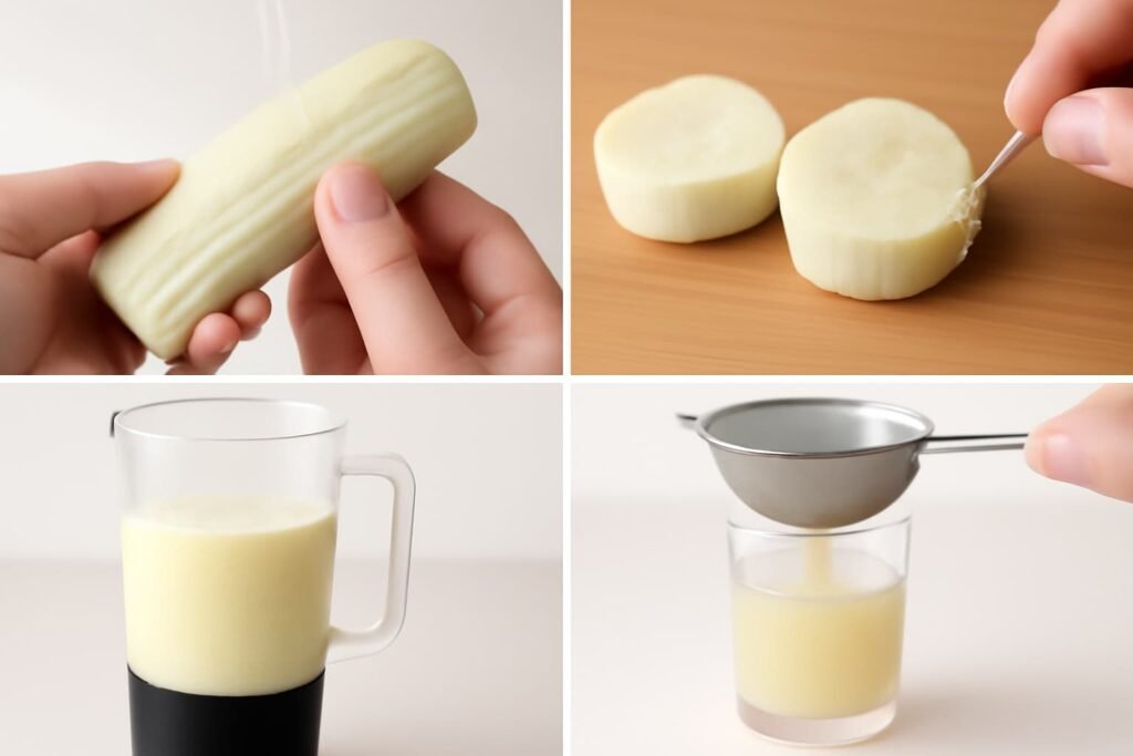 Four steps: clean, slice and de‑fiber, blend, strain banana stem juice