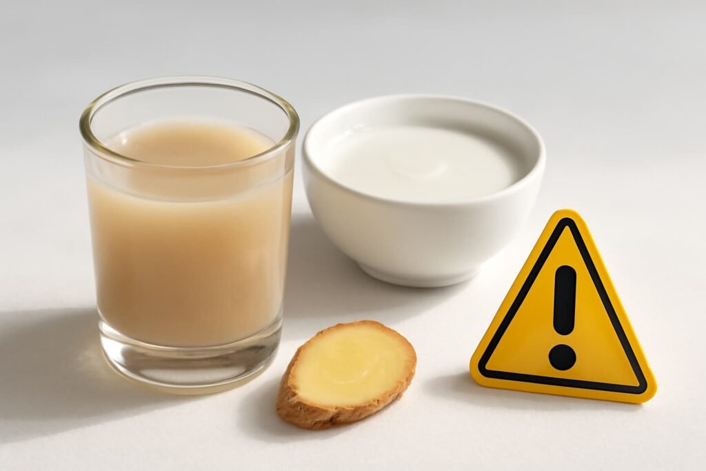 Banana stem juice with buttermilk, ginger, and a small caution symbol