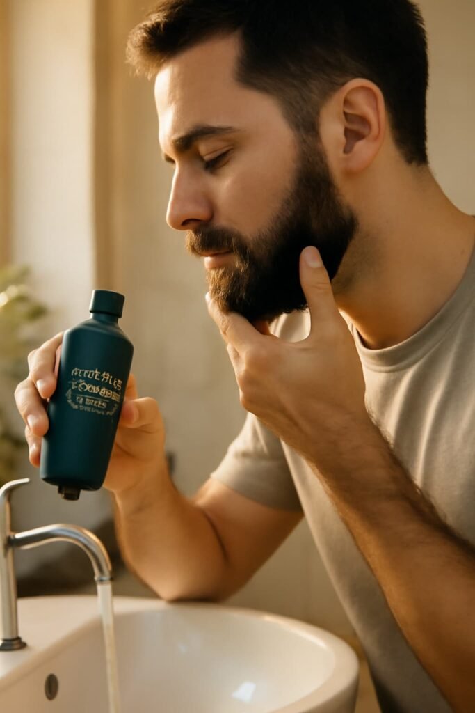 Man treating beard dandruff with a small amount of anti dandruff shampoo
