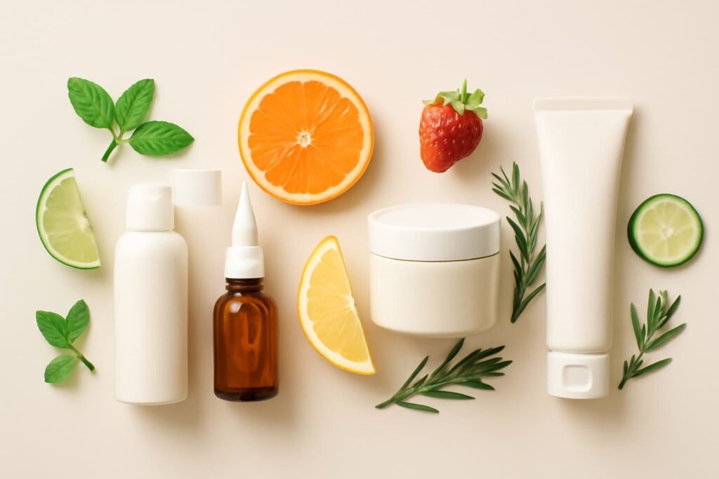 Morning skincare steps—cleanse, hydrate, vitamin C, moisturize, SPF