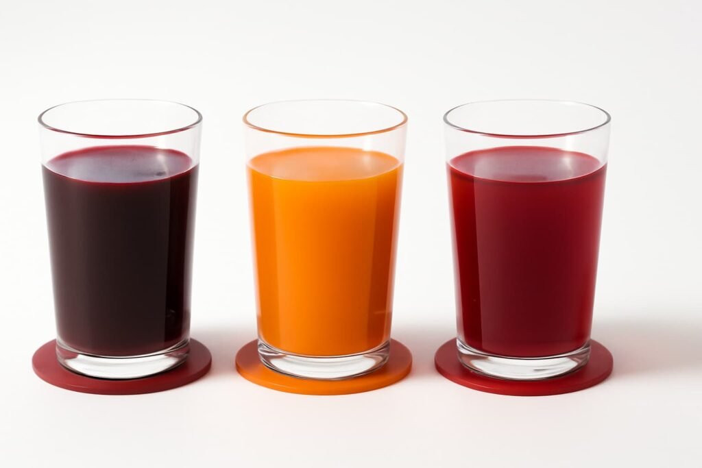 Beet, carrot, and pomegranate juices side by side.