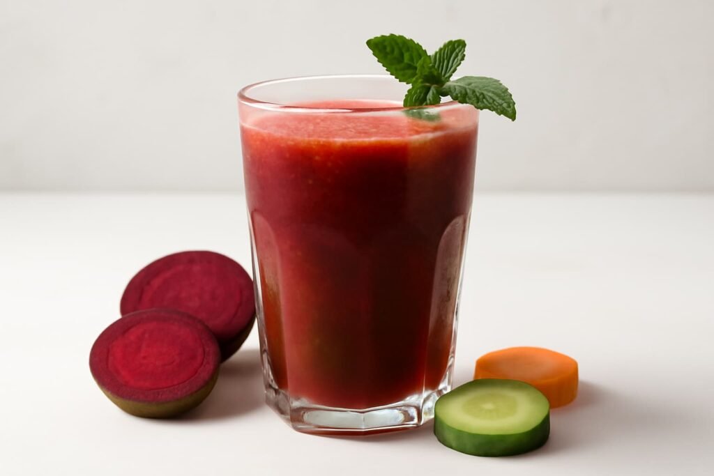 Beet, carrot, cucumber juice with mint.