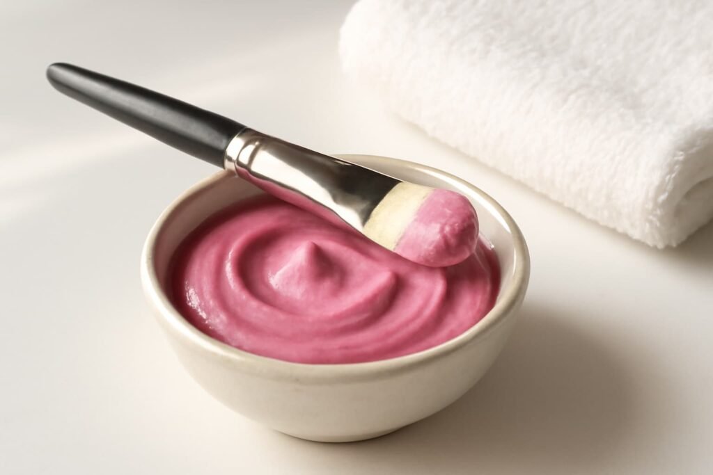 Bowl of beetroot yogurt face pack with brush.