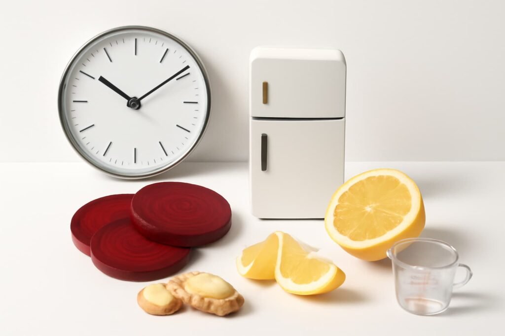 Collage of beet slices, clock, fridge icon, lemon, and ginger.