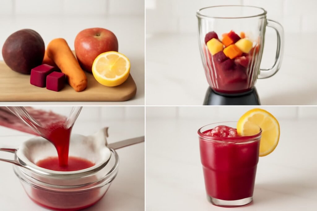 Four panels showing beet juice recipe from prep to pour.