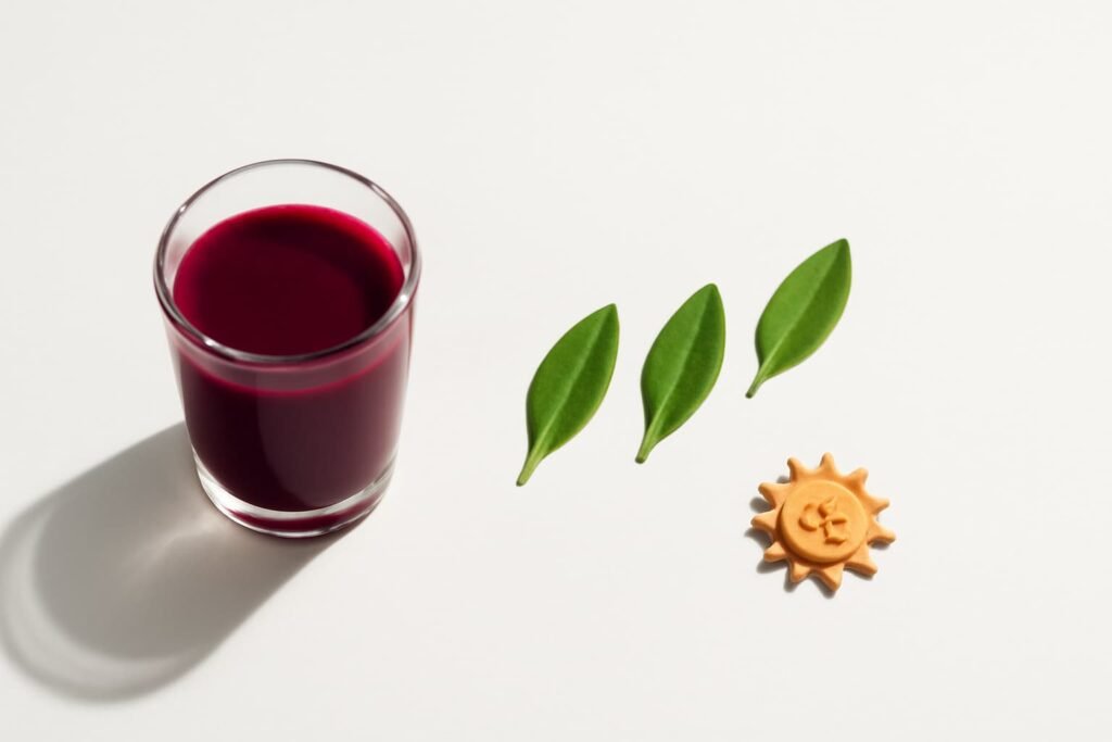 Minimal beet juice glass with green checkmark leaves