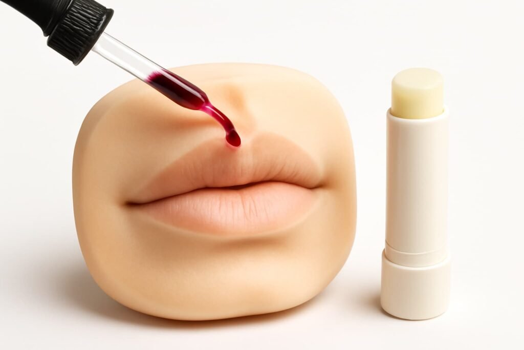 Close‑up of lips with beet stain and balm.
