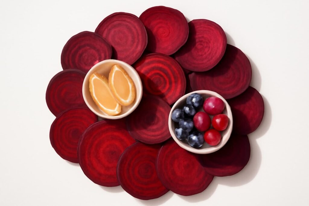 Beet slices with lemon and berries on white background.