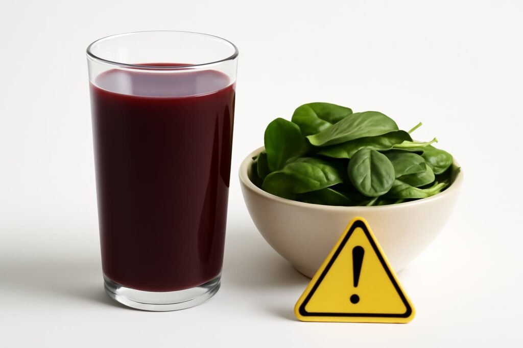 Beet juice with spinach and a caution symbol.