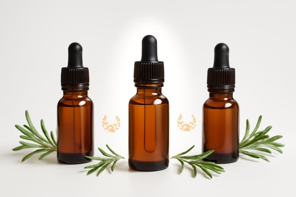 Three amber essential oil bottles with subtle award badges on white background