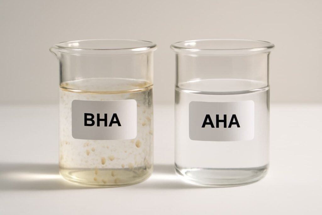 Two clear lab beakers representing BHA and AHA on a white surface