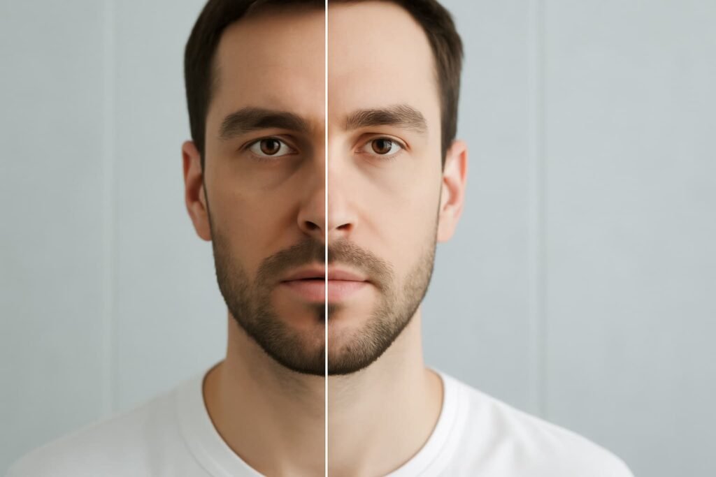 Conceptual split image showing brighter skin after serum use