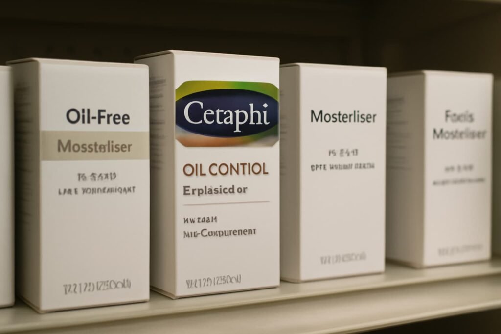Drugstore shelf with oil-control moisturizers including Cetaphil