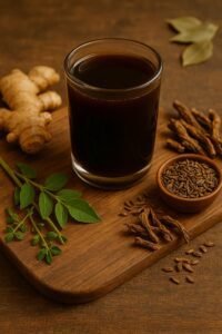 Chiruvilwadi Kashayam with raw Ayurvedic herbs like Chiruvilwa and cumin seeds