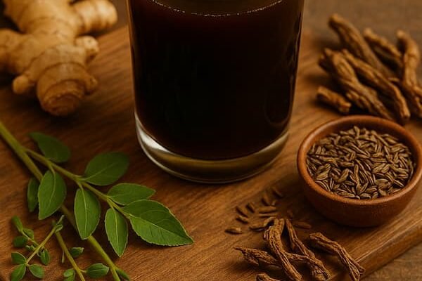 Chiruvilwadi Kashayam with raw Ayurvedic herbs like Chiruvilwa and cumin seeds