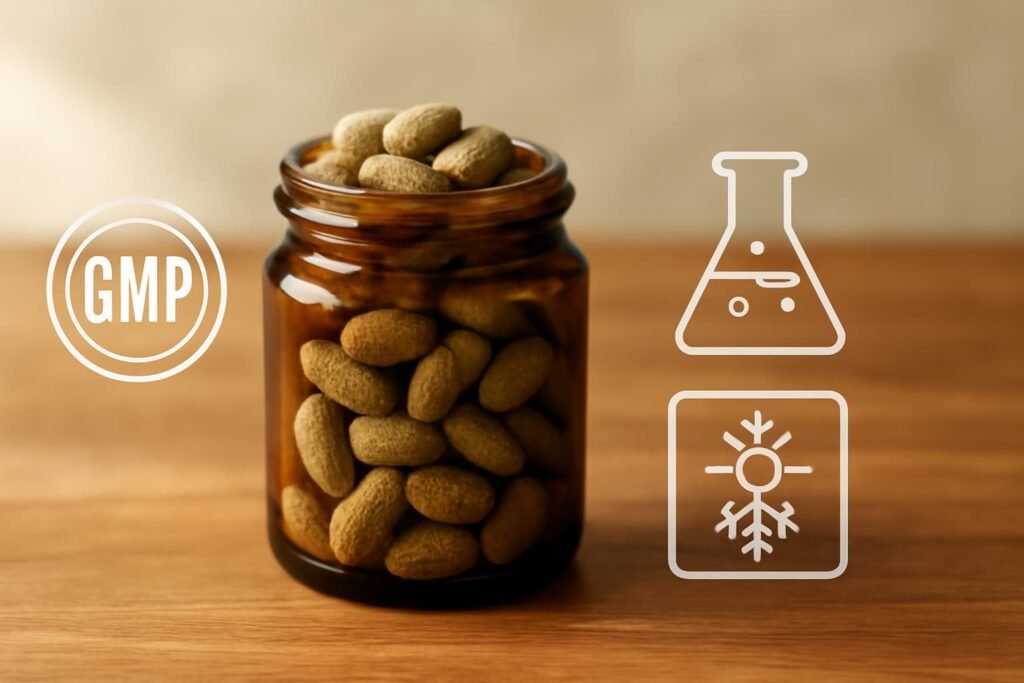 Ayurvedic tablets with GMP, lab test, and cool-dry storage cues