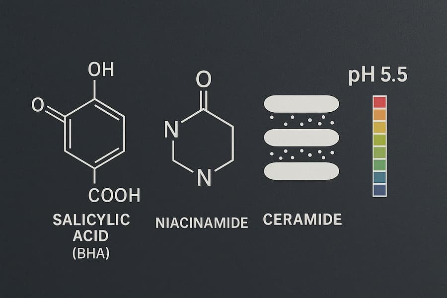 Visual of BHA, niacinamide, ceramide, and pH 5.5 concepts