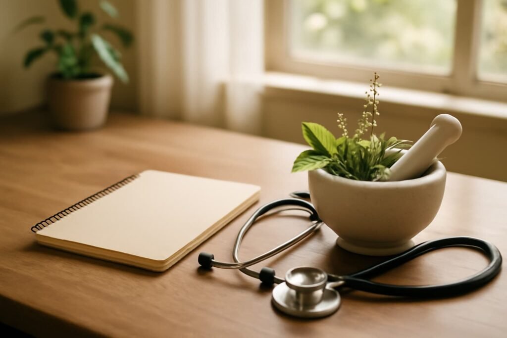 Ayurvedic practitioner desk scene encouraging professional guidance