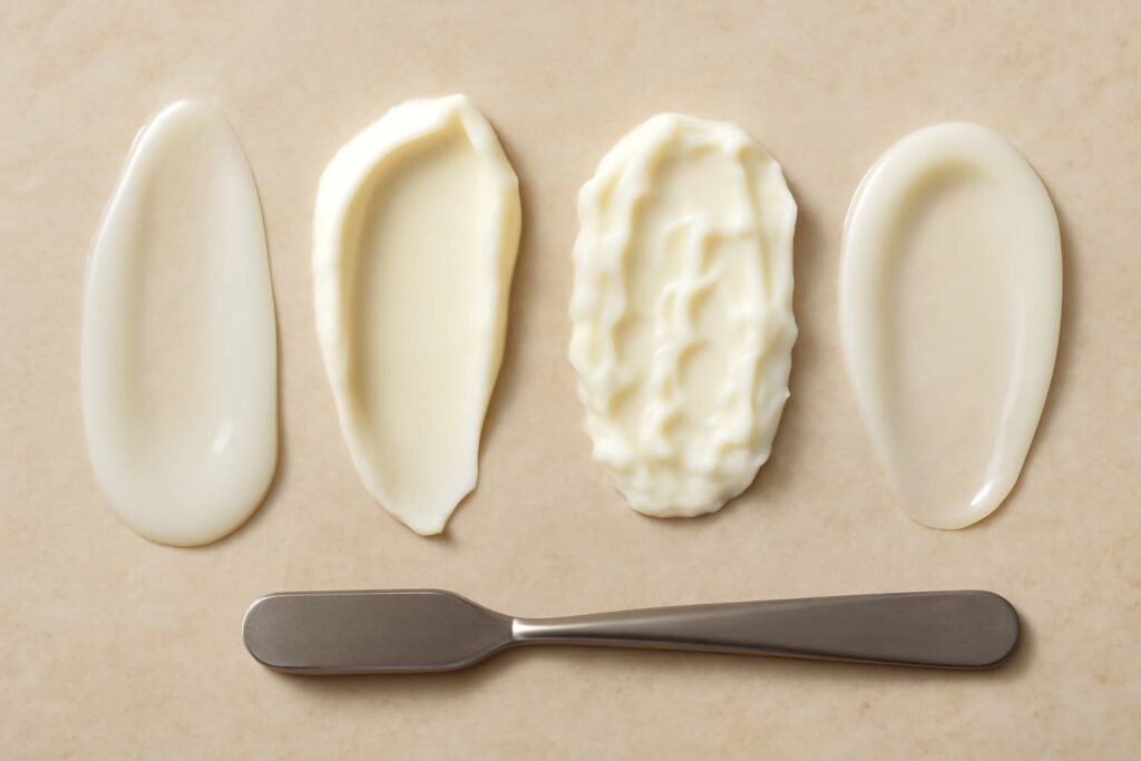 Macro swatches comparing lotion, cream, body butter, and ointment textures