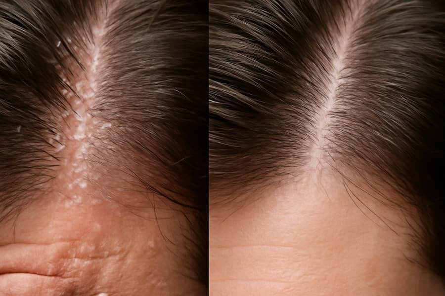 Before-and-after macro of men’s scalp showing dandruff improvement